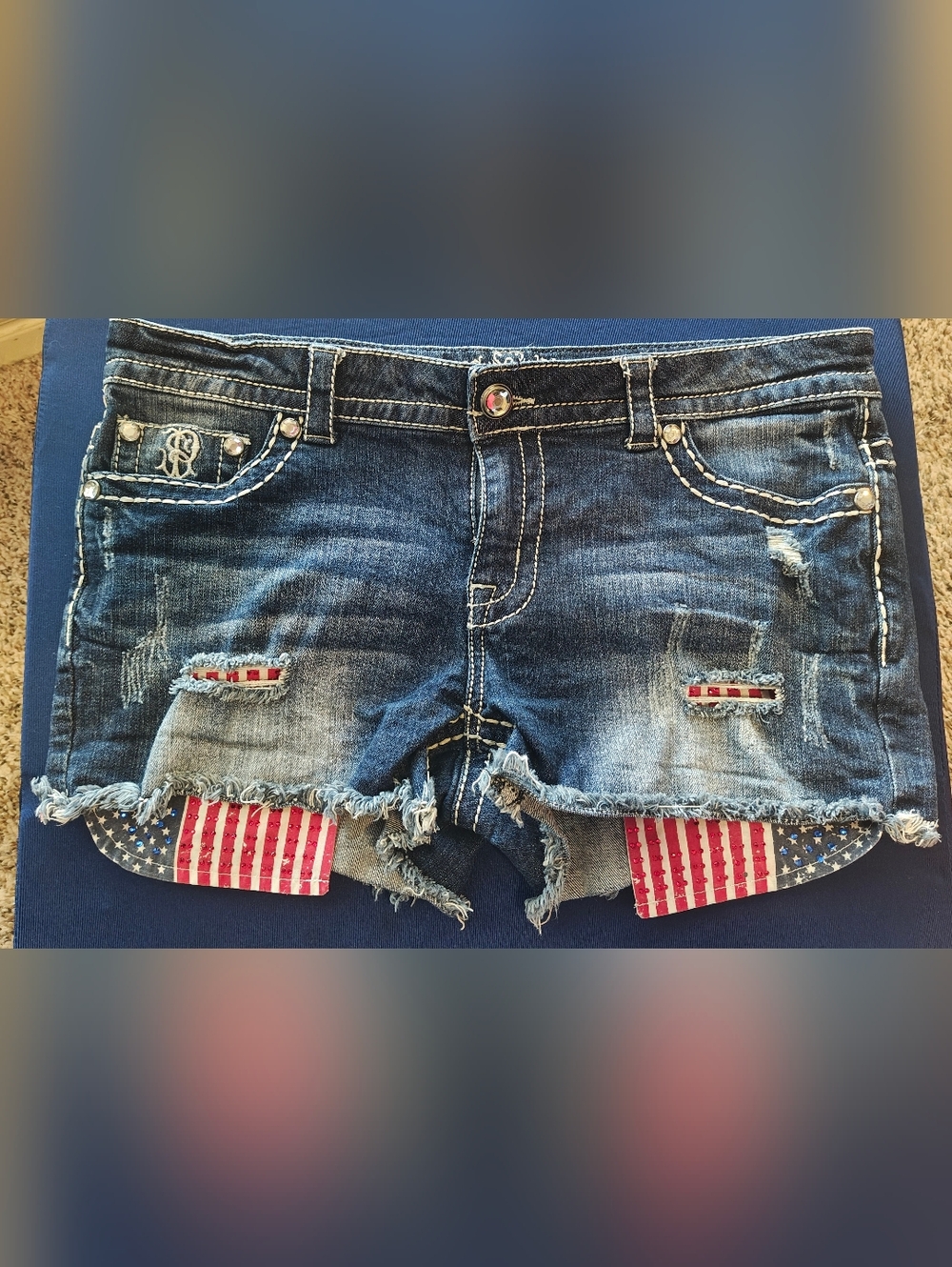 Vintage Paisley Sky Crystal American Flag Cut-Off Denim Shorts – Size 12 🇺🇸
